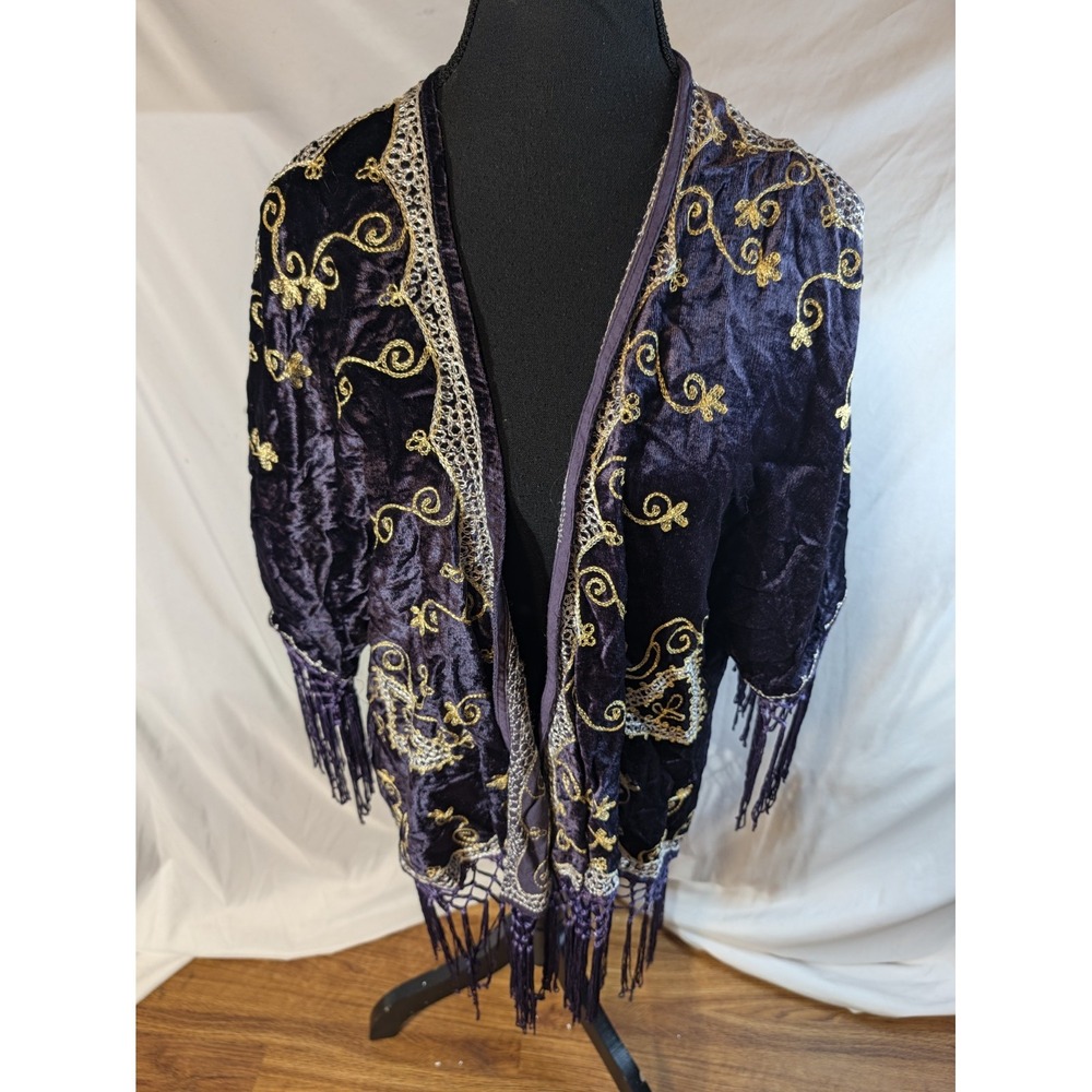 Anthropologie Raga Purple Crushed Velvet Embroidered Fringe Kimono Size M Boho